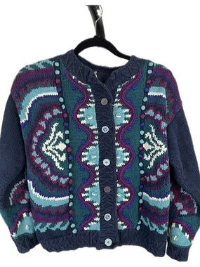 Segrets Sun Vintage 90s Hand knit Navy Multicolor Patterned Button-Up Cardigan